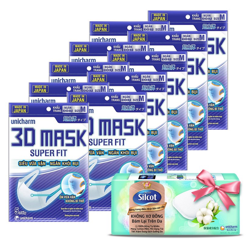 Combo 10 gói Khẩu trang ngăn khói bụi Unicharm 3D Mask Super Fit size M, tặng hộp bông tẩy trang Silcot Premium 66 miếng