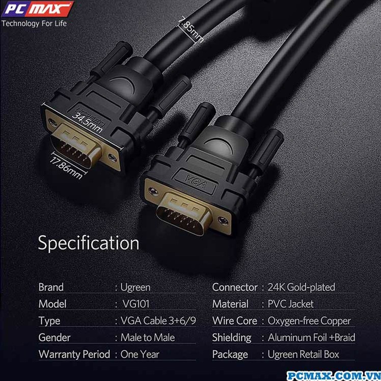 Cáp VGA Ugreen 1m 1.5m 2m 3m 5m cho máy chiếu màn hình máy tính - Hàng chính hãng