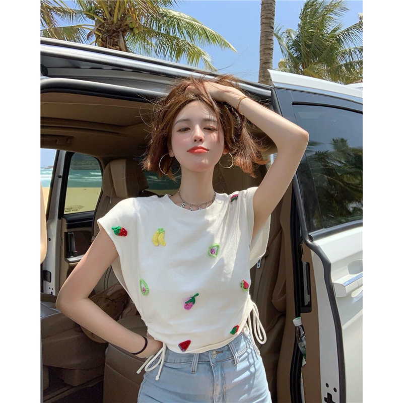 Áo Thun Dệt Kim Sát Nách Phối Dây Rút Thêu Họa Tiết Trái Cây Xinh Xắn