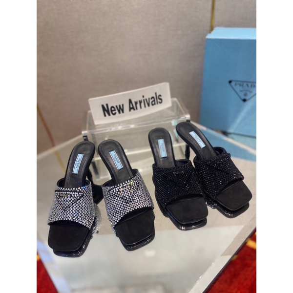 Dép thời trang nữ mẫu mới 2022 gót cao 6.5cm thương hiệu Prada da thật cao cấp đính hạt lấp lánh sành điệu