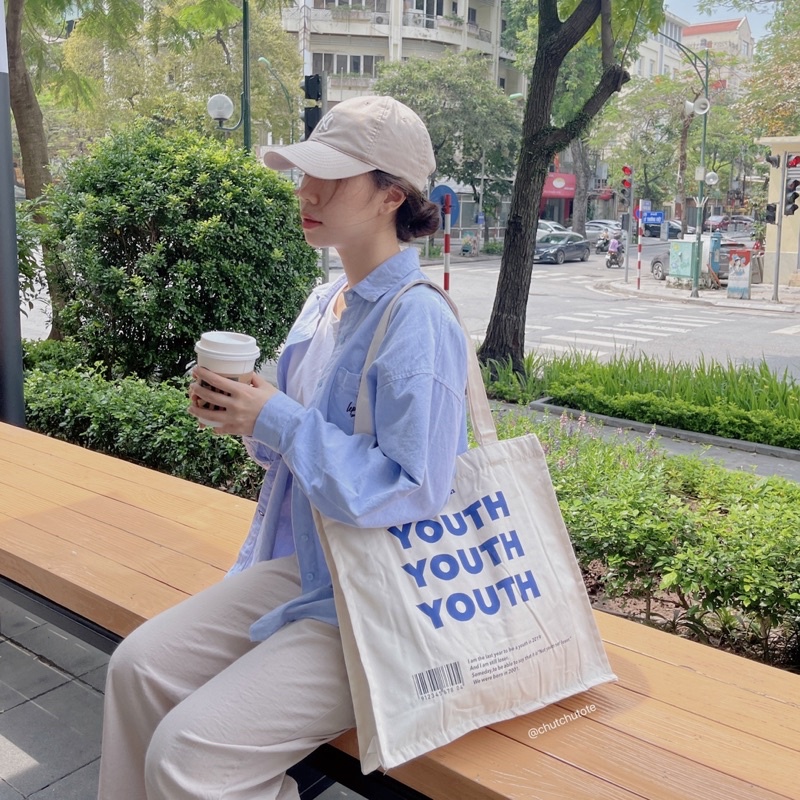T64/Túi vải tote canvas Youth thời trang đeo vai đựng đồ đi học đi chơi có khoá cúc bấm.