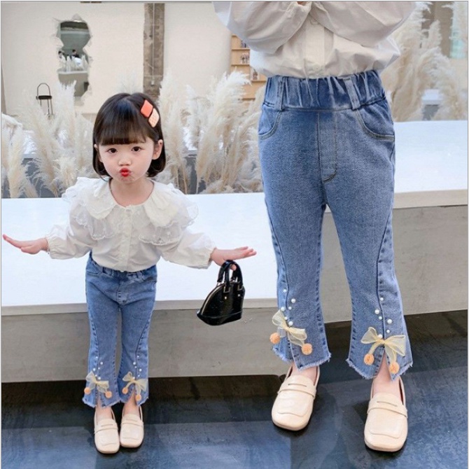 Quần Jeans thời trang ống loe gắn nơ xinh xắn cho bé gái JT02 size đại 10-35kg