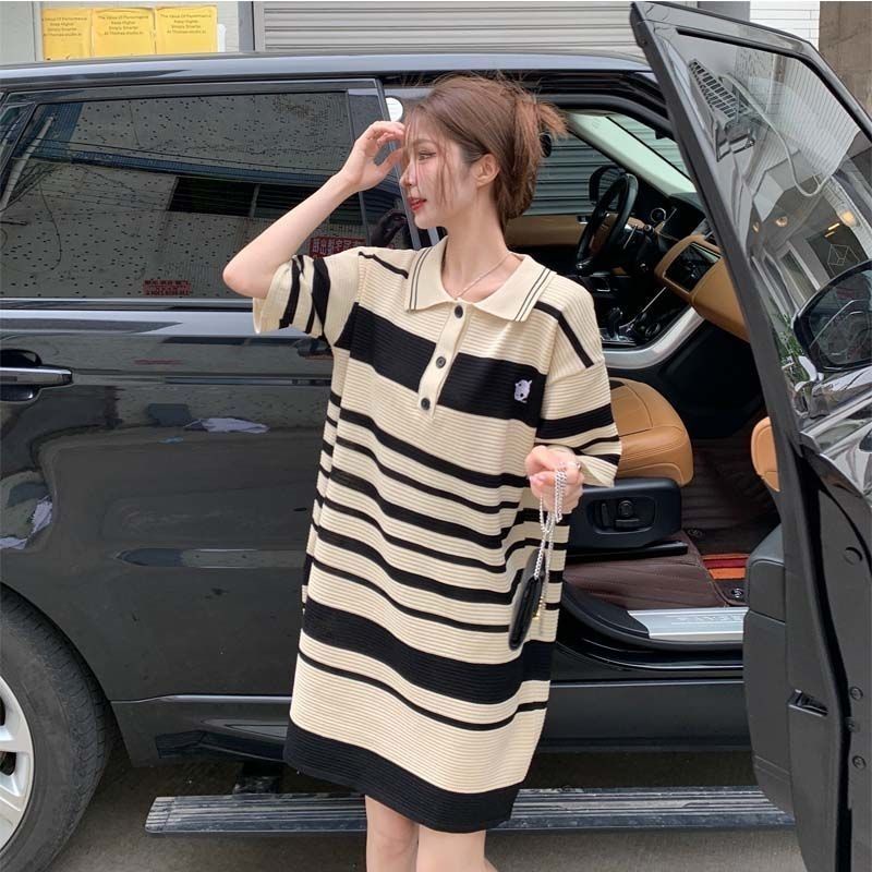 Đầm thun dệt kim IELGY thiết kế cổ polo phối họa tiết kẻ sọc trẻ trung thời trang cho nữ