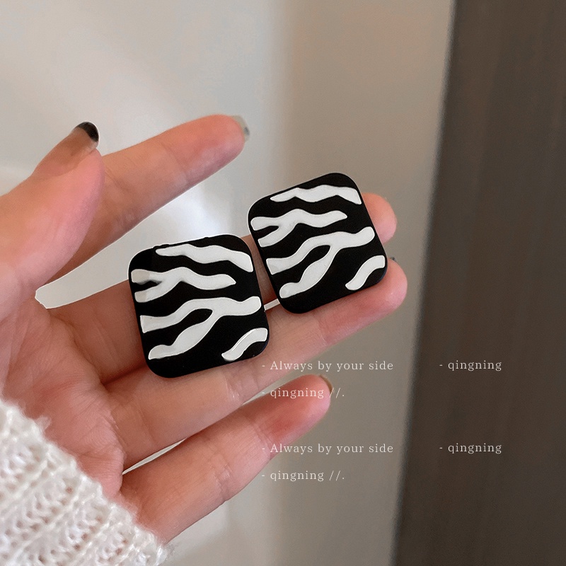 DREJEW Khuyên tai mạ bạc 925 hình vuông kẻ sọc đen trắng phong cách Hàn Quốc đơn giản cho nữ