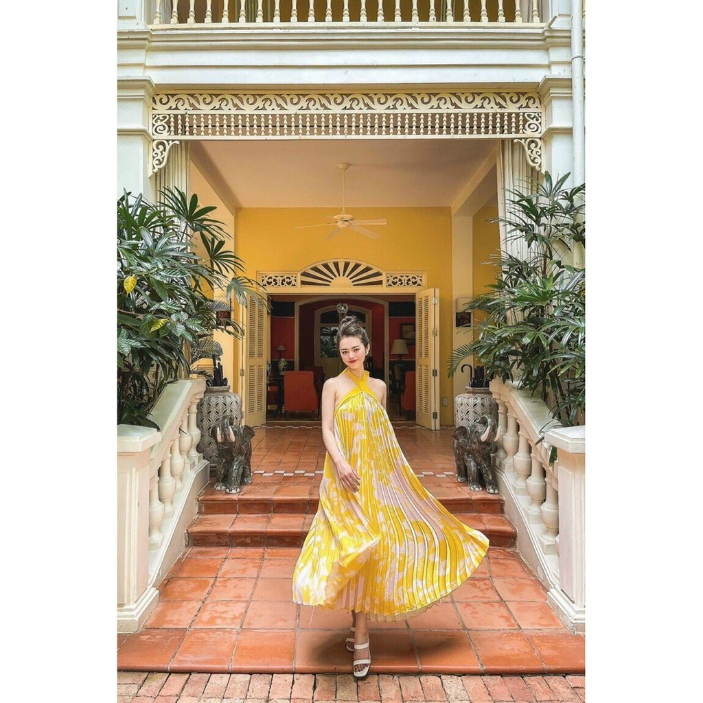 Đầm maxi vàng cổ yếm dập ly Hakieu Msp033 ( hình sàn chụp thật) | BigBuy360 - bigbuy360.vn