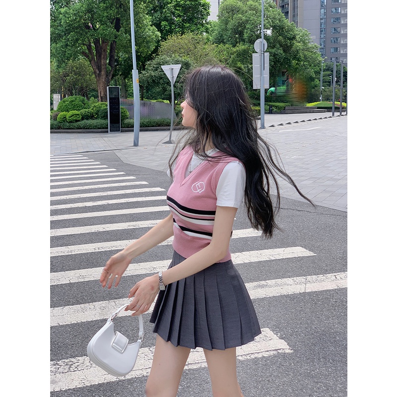 Áo Ghi Lê Hồng Ghi Sọc Ngang Không Tay Sát Nách Cổ Chữ V  Thời Trang Loại 1, Áo Tennis Thể Thao Hàn Quốc