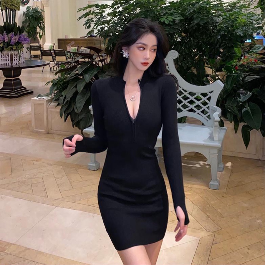 Đầm body nữ kéo khóa tay dài, Váy ôm body sexy cổ chữ V mặc đi chơi, dự tiệc siêu xinh, tôn dáng cực đỉnh, VAY017