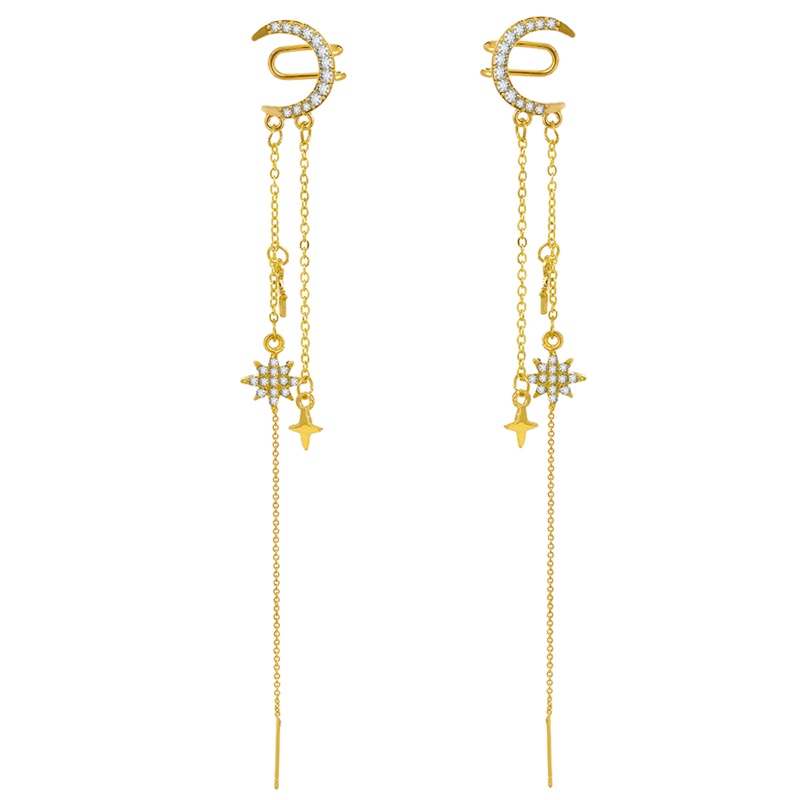 Khuyên Kẹp Vành Tai Dáng Dài Hình Mặt Trăng Ngôi Sao Đơn Giản Thời Trang Cho Nữ