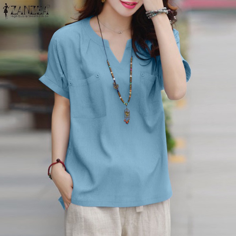 Áo kiểu Zanzea ngắn tay cổ chữ V màu trơn phong cách Hàn Quốc cổ điển thời trang cho nữ