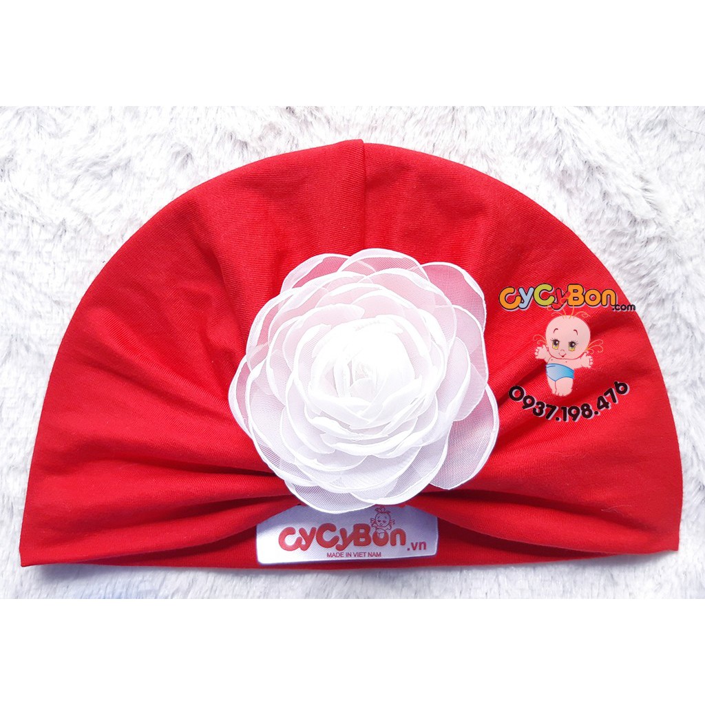 Mũ Nón Turban Tóc Giả Cho Bé Gái Màu Đỏ Đính Bông Hồng Trắng Chất Vải Cotton Co Giãn Có Size Sơ Sinh!