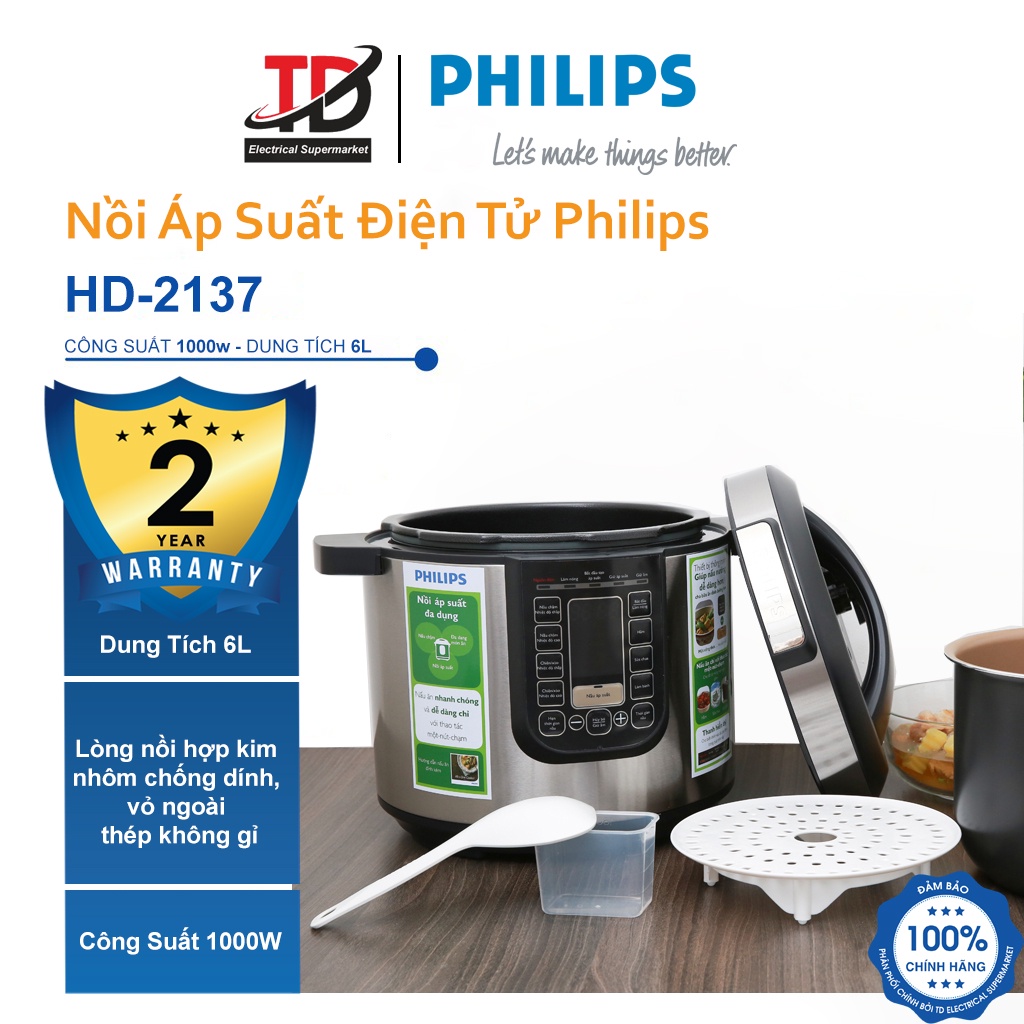 [Mã ELHAMS5 giảm 6% đơn 300K] Nồi Áp Suất Điện Philips HD2137 - 6Lit/1000W - Bảo Hành Chính Hãng 2 Năm