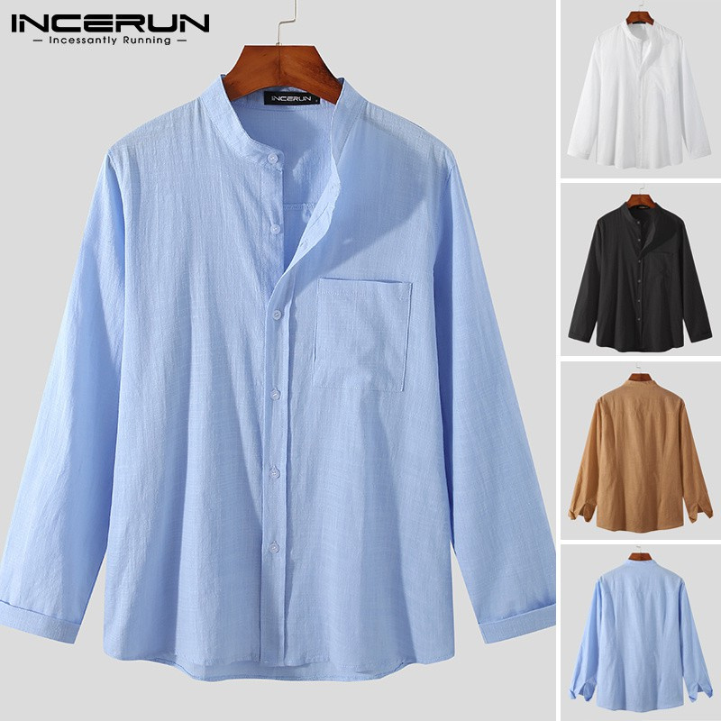 Áo sơ mi INCERUN cotton dài tay cổ đứng phối nút đơn giản thời trang dành cho nam