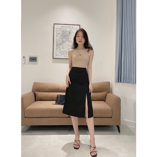 Chân váy nữ chữ A đen dài qua gối xẻ tà LUCETFASHION Split skirt, váy công sổ