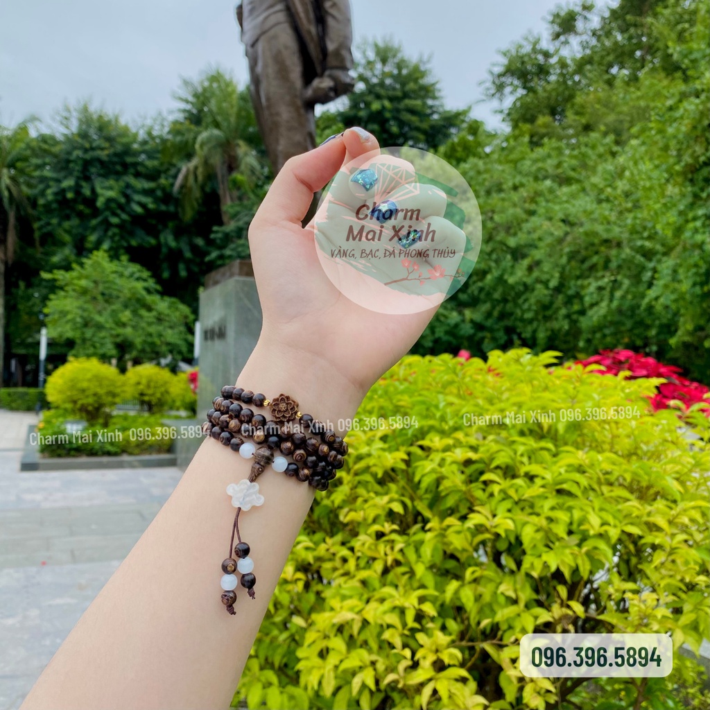 Chuỗi Trầm Hương sánh chìm 108 hạt + Cát tường bạch ngoc + Sen Trầm - Vòng tay gỗ Nam Nữ tự nhiên