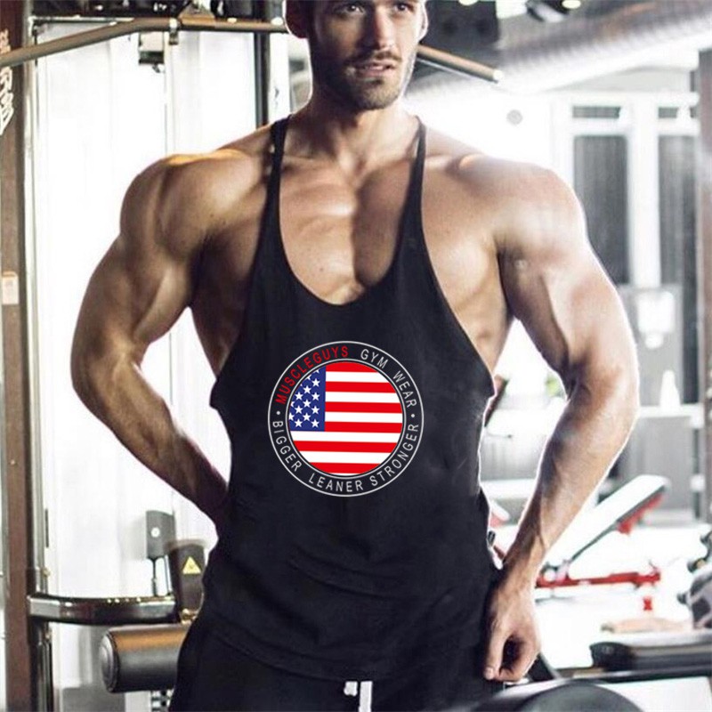 Gym Vest Mens Loose Singlet Usa American Flag Printed Spaghetti Tank Tops Vest