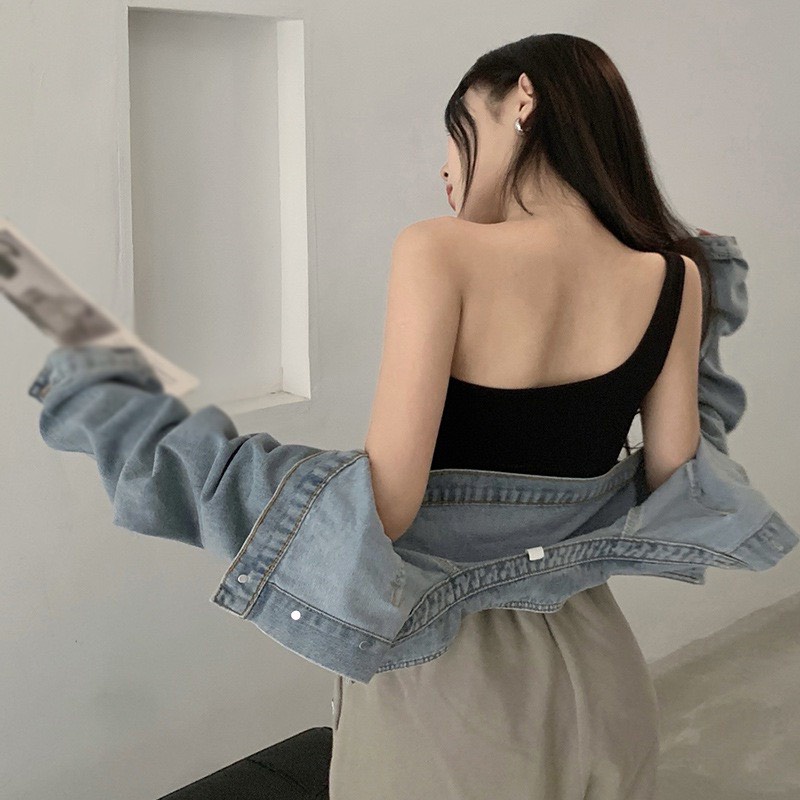 Áo Bra Trơn Lệch Vai, Áo Thun Croptop Có Đệm Mút Dày Dặn 1823
