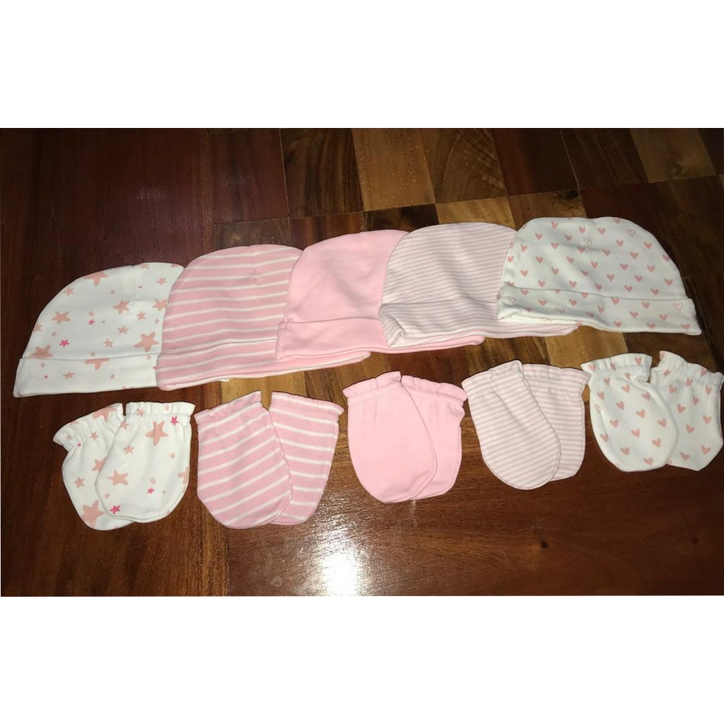 5 Mũ trùm đầu/ 5 Cặp bao tay bằng cotton chống trầy xước dành cho em bé