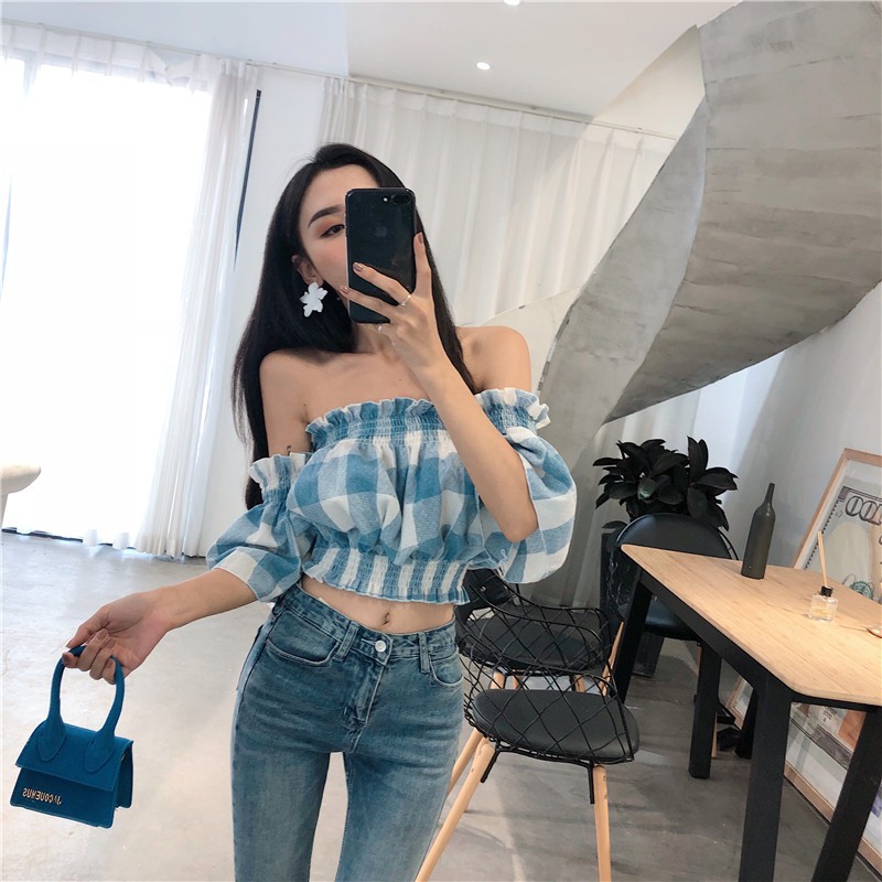 Áo croptop tay ngắn trễ vai họa tiết caro nữ tính gợi cảm cho nữ | BigBuy360 - bigbuy360.vn