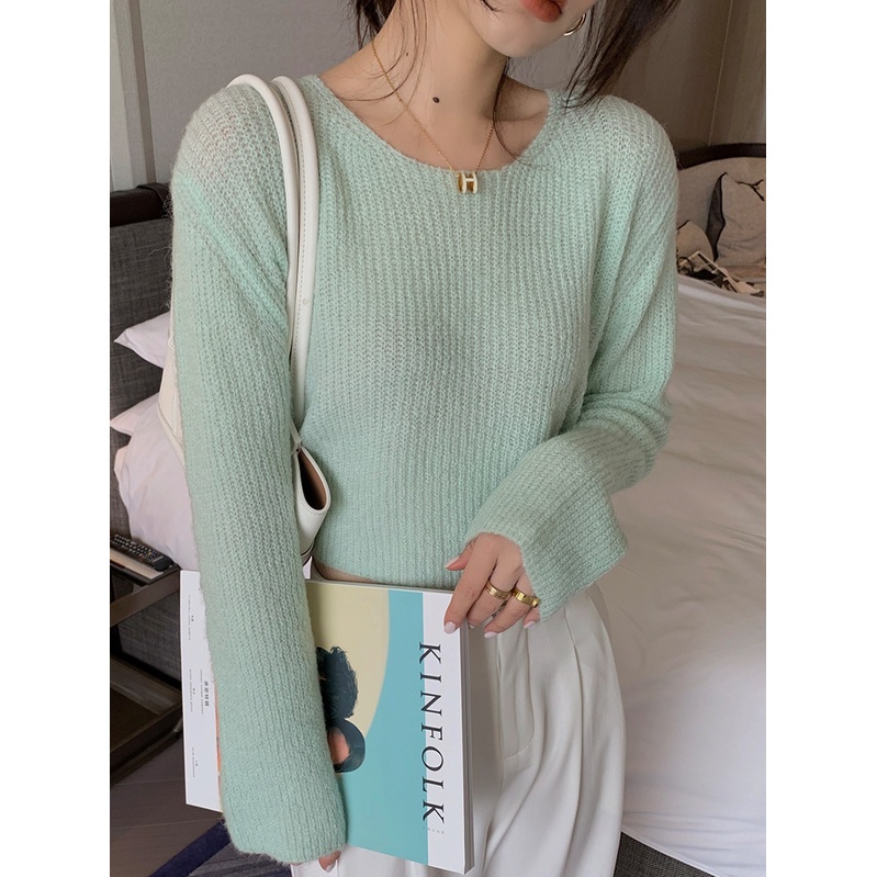 Áo Sweater Tay Dài Cổ Tròn Dáng Rộng Màu Sắc Đơn Giản Phong Cách Hàn Quốc