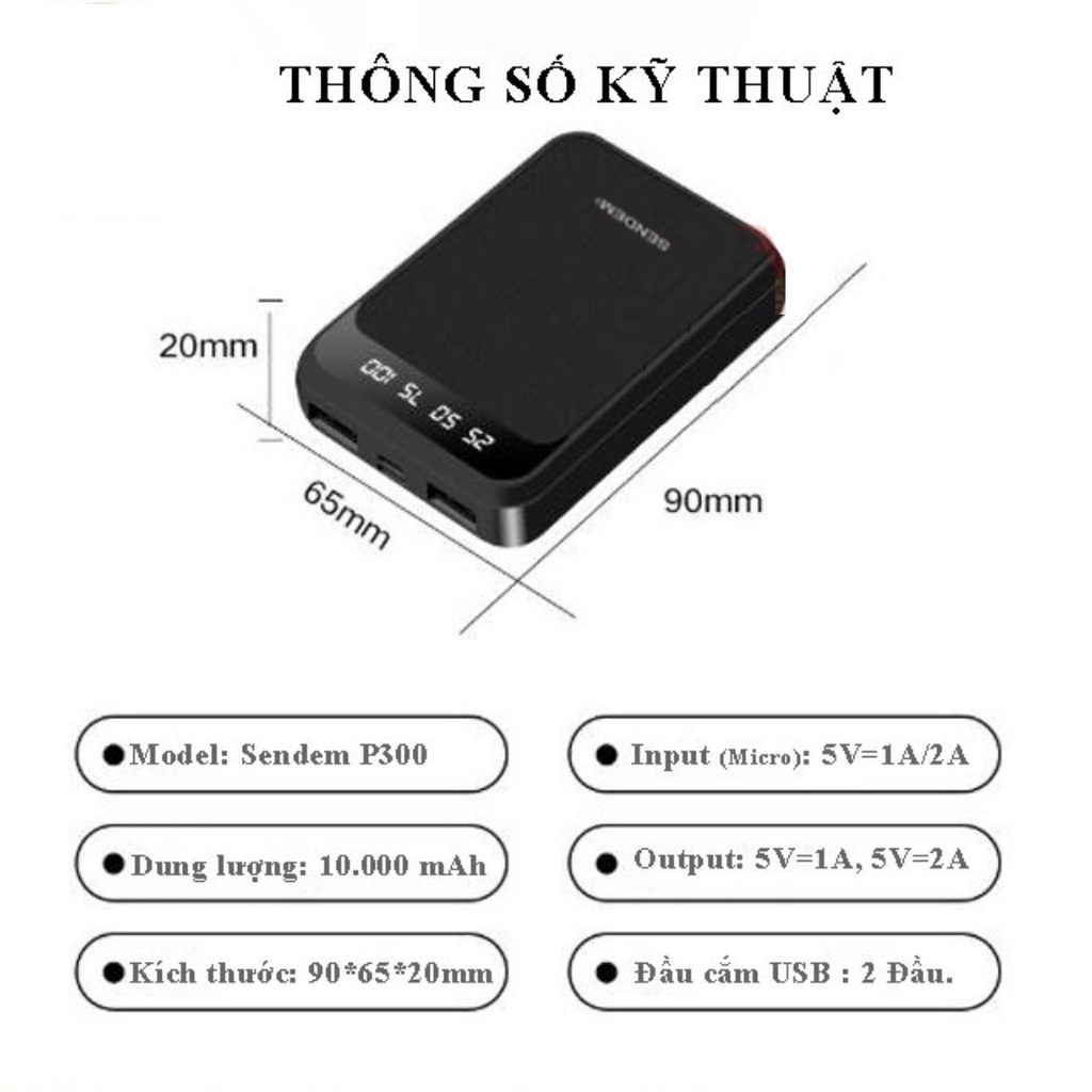 Sạc Dự Phòng Mini Cầm Tay Sendem P300 Chính Hãng Dung Lượng 10000mah, Thiết Kế Nhỏ Gọn Tiện Dụng Nhiều Màu