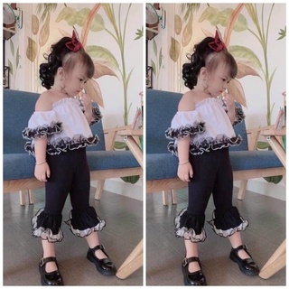 [⚡ẢNH THẬT SHOP TỰ CHỤP⚡] Bộ Đồ Bé Gái Áo Trễ Vai Quần Ống Loe Phối Ren Hàng Thiết Kế Minmi's Baby Kids SB052