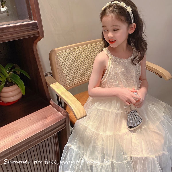 Đầm Công Chúa Không Tay Phối Lưới Xinh Xắn Theo Phong Cách Mùa Hè Dành Cho Bé Gái