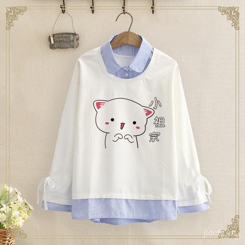 Áo thun tay dài giả hai mảnh thời trang mùa thu cho nữ 12-15 tuổi