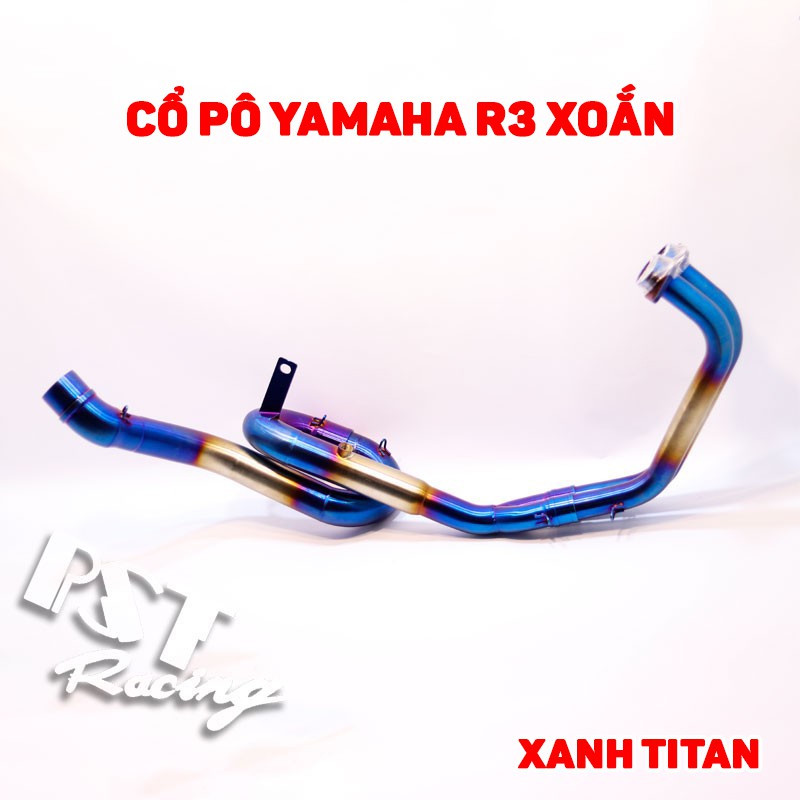 Cổ pô Yamaha R3 xoắn Full System màu xanh titan