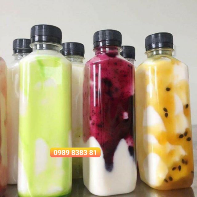 Combo 100 chai nhựa vuông 💕 350ml nắp đen đựng sữa chua, nước ép, detox