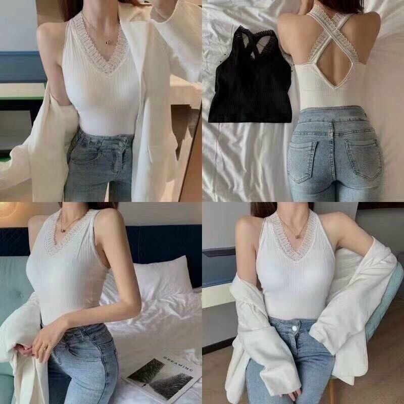 Áo 2 dây bra ĐỊNH HÌNH lưng quả trám sexy gợi cảm - áo bra len tăm dáng dài 5729