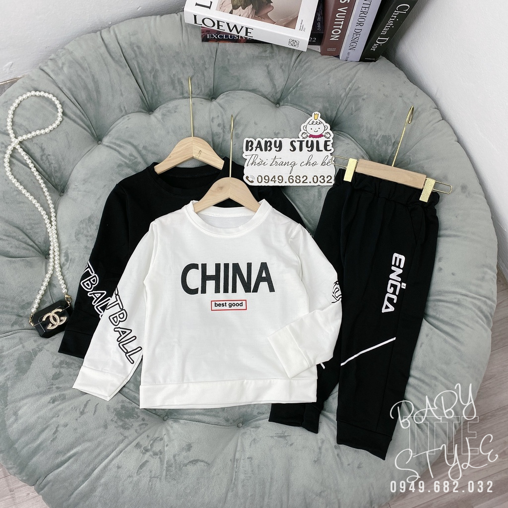 Bộ quần áo thu đông dài tay &quot;CH!NA&quot; 14-45kg cho bé trai 4-14 tuổi. Thiết kế năng động. Vải da cá dày dặn. B36
