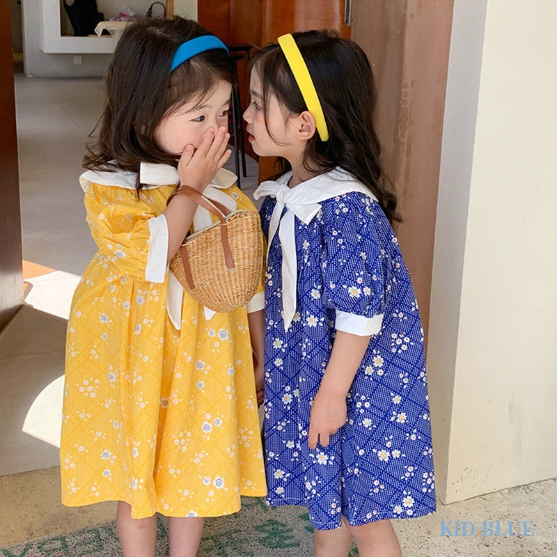 Đầm Công Chúa Tay Phồng Cổ Búp Bê Màu Trắng Đính Nơ In Hoa Thời Trang Mùa Hè Hàn Quốc Cho Bé Gái