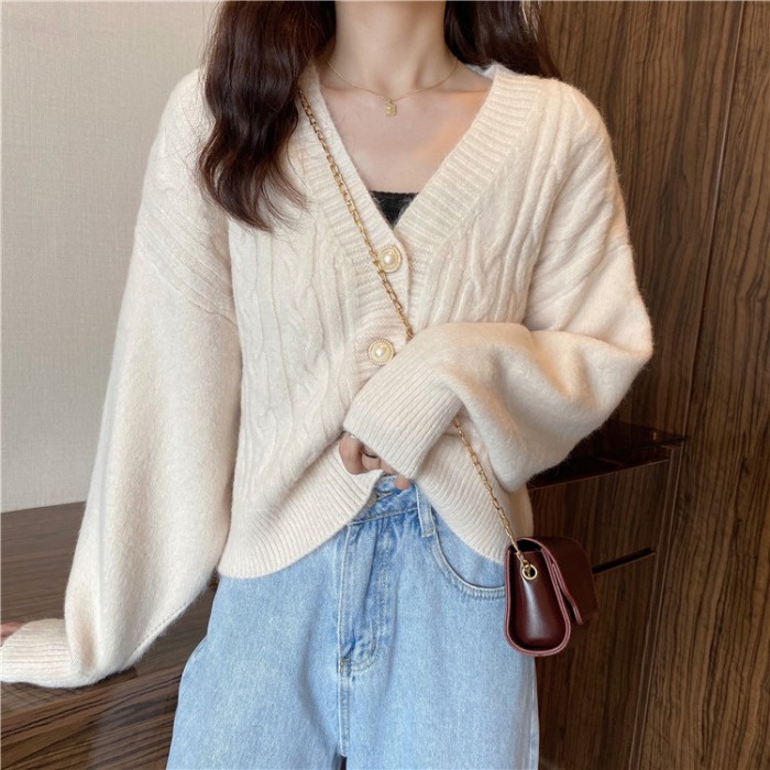 Cardigan len Áo len khoác dài tay nữ dệt kim cổ V FIRST DATE mềm mại cá tính retro Hàn Quốc