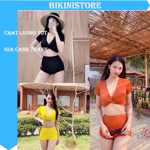 bikini 2 mảnh quần cạp cao,áo croptop tay con- che khuyết điểm cực tôn dáng-bikinistore