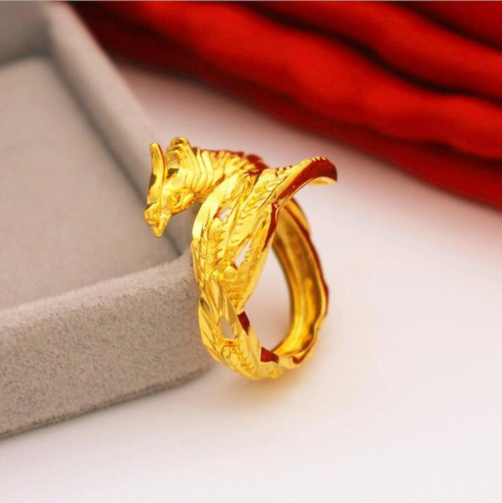 Nhẫn Thép Titan Mạ Vàng Hình Rồng Phượng Có Thể Điều Chỉnh Kích Cỡ