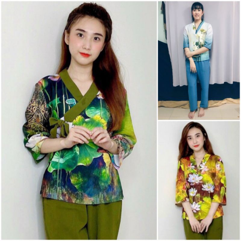 Bộ đồ lam đi chùa trang phục phật tử set bộ nữ Cổ trụ hoa sen chất vải đũi in 3D bóng mượt
