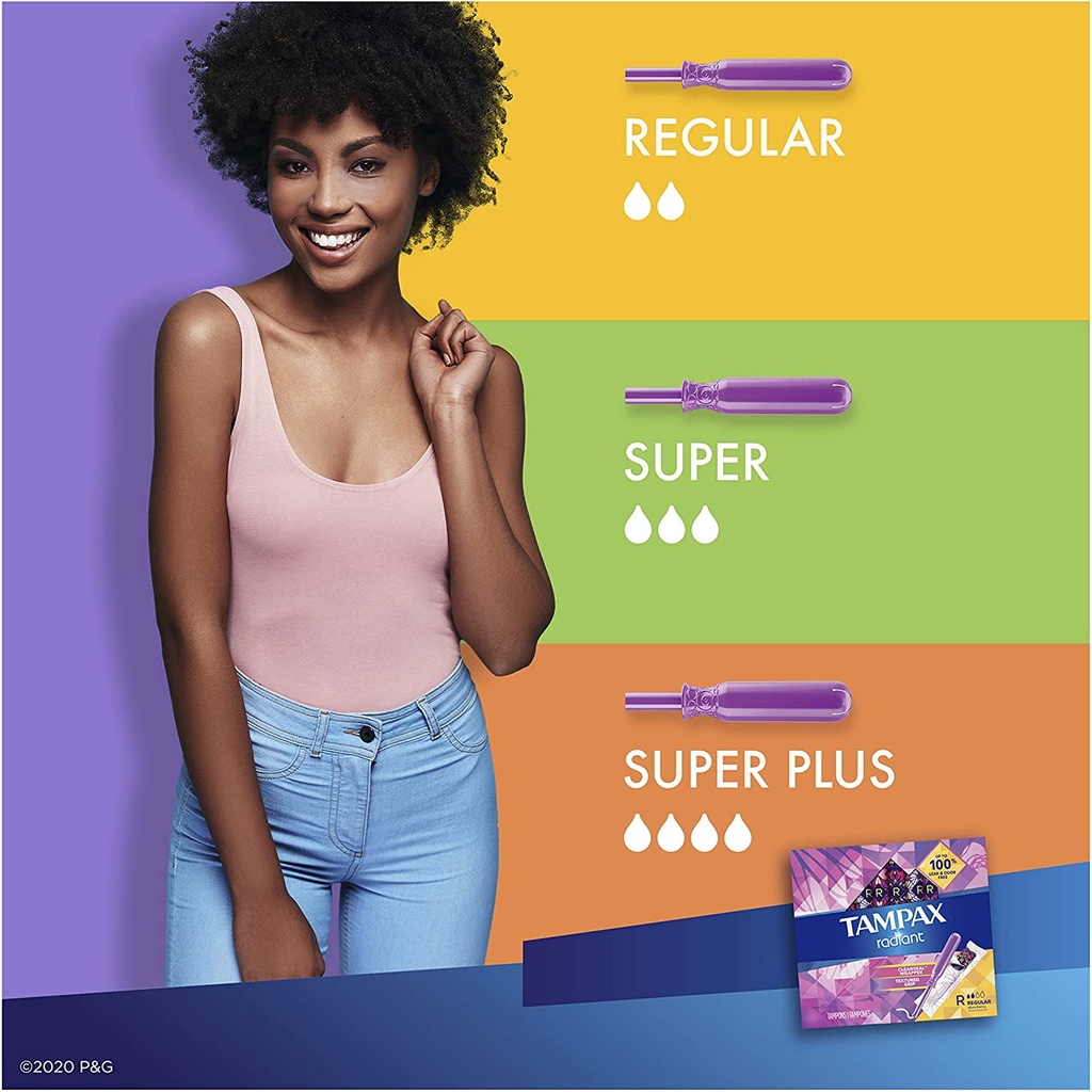 Tampax radiant Tampon Regular 28 miếng cán nhựa cao cấp siêu thấm không mùi