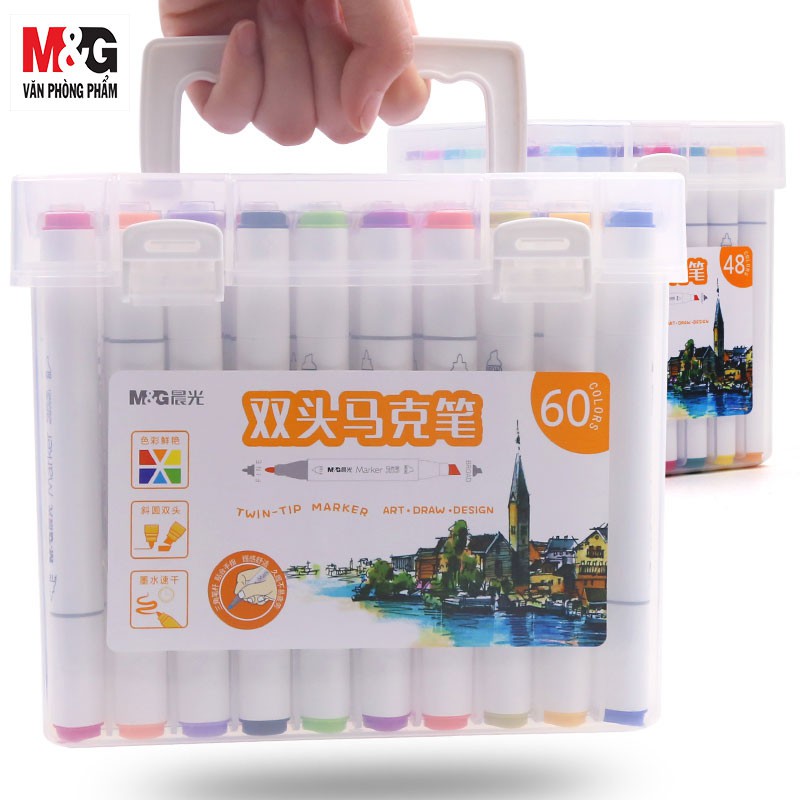 Bút màu marker 2 đầu cao cấp M&amp;G APMV0901/APMV0902/APMV0903/APMV0904- loại 24 màu/36m/48m/60m  có 2 đầu nắp có số