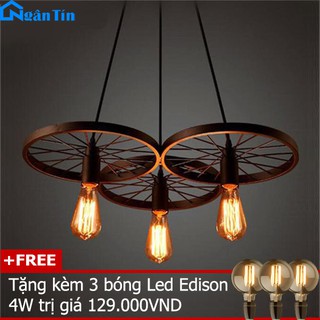 Bộ 3 đèn thả trần bánh xe trang trí nhà quán cà phê THCN117 (Tặng kèm 3 bóng tròn Led Edison 4W)
