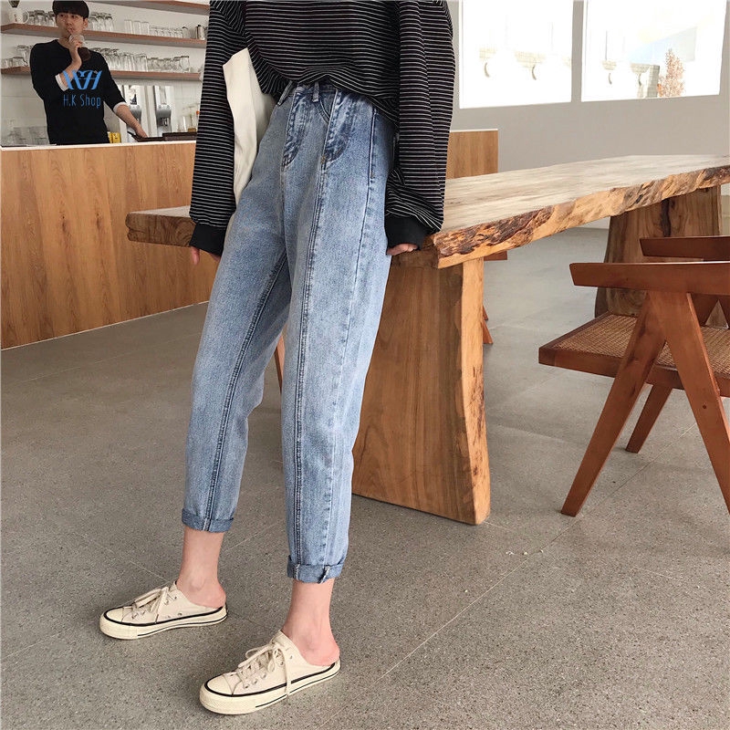 Quần jeans nữ lưng cao sọc dọc phong cách Hàn Quốc