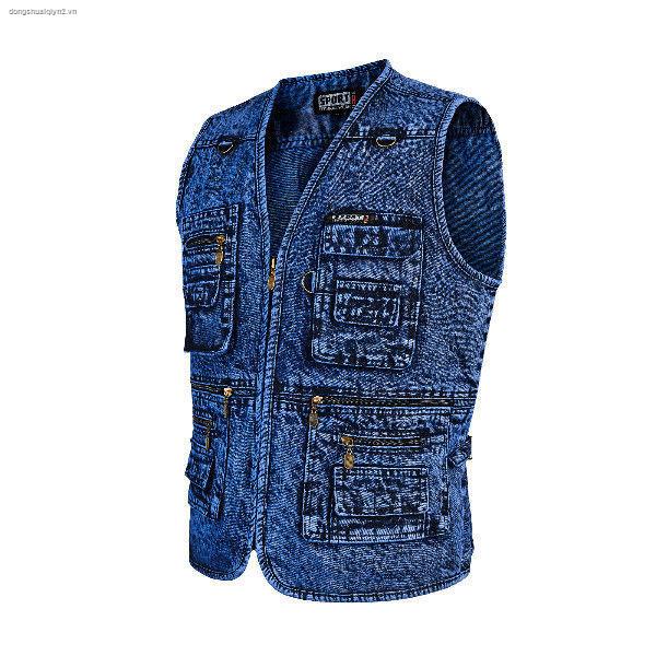 Áo khoác ghi lê denim nhiều túi dày dặn thời trang xuân thu cho đàn ông trung niên