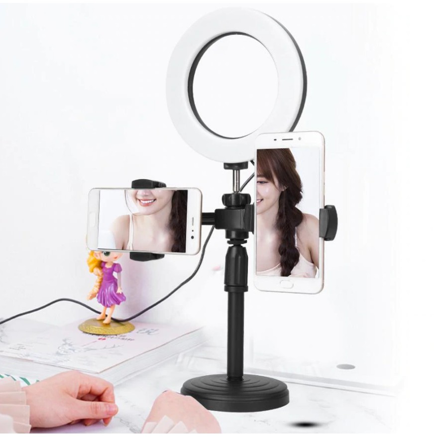 Đèn Led 16cm Với 2 Giá Đỡ Điện Thoại Để Bàn, Hỗ Trợ Livestream, Trang Điểm, Chụp Ảnh Beauty, Quay Video - Tặng Remote