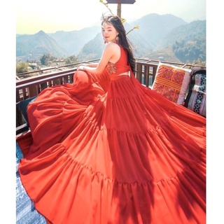 Đầm Vintage, Váy Maxi Đi Biển V112A, Chất Voan Mềm Mát, Màu Đỏ Phối Thổ Cẩm, Siêu Phẩm Của Tín Đồ Sống Ảo, Mẫu Mới 2022