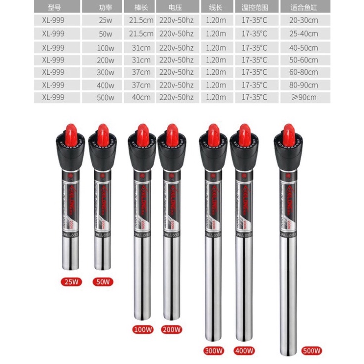 Sưởi Bể cá XILONG XL999, AT70 25W, 50W, 100W. 200W, 300W, 500W Sưởi INOX, Thuỷ Tinh HAKA AQUARIUM