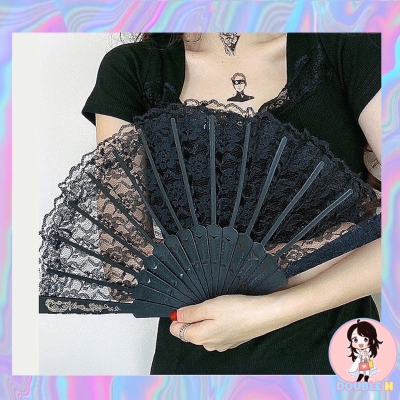 Quạt ren cần tay dùng làm phụ kiện chụp ảnh, cosplay cổ trang