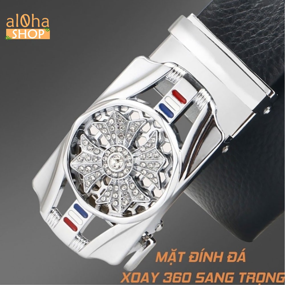 Thắt lưng da nam cao cấp mặt chữ nhật đính đá xoay 360, khoá tự động phong cách sang trọng, lịch lãm