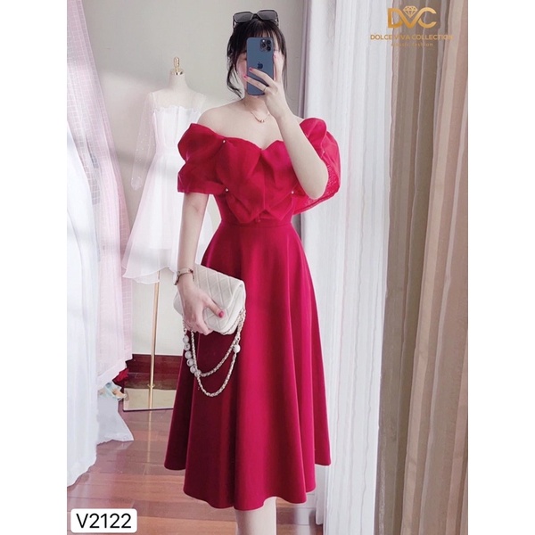 V2122 váy đỏ xoè trễ vai dự tiệc