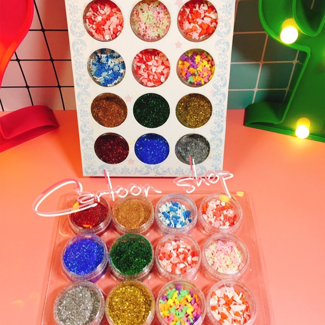 Set 12 hũ nguyên liệu trang trí slime (6 hũ cốm 6 hũ kim tuyến)