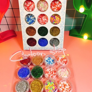 Set 12 hũ nguyên liệu trang trí slime (6 hũ cốm 6 hũ kim tuyến)