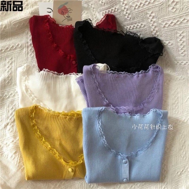 Áo len tăm croptop viền ren cúc bọc, Áo kiểu len mỏng dáng ngắn AL1123 - NhiNhi Shop